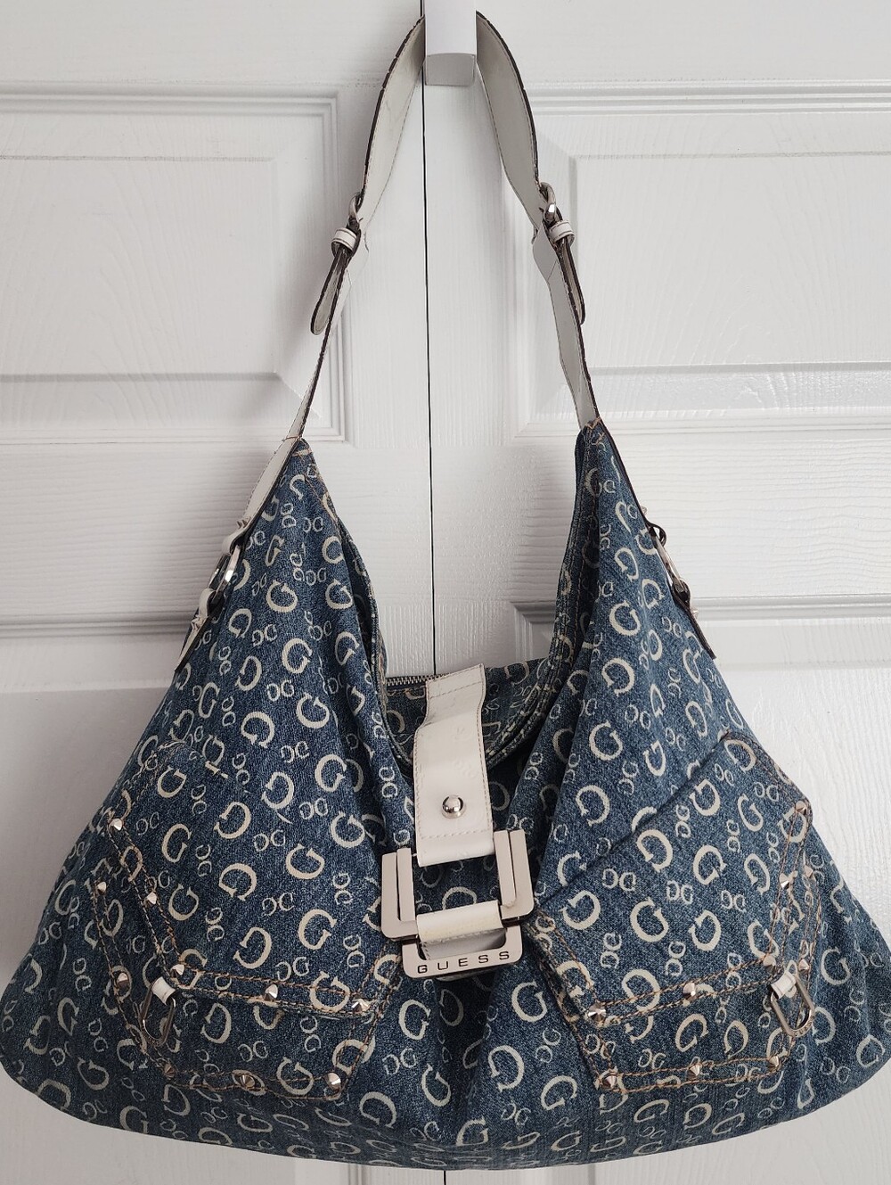 Y2K Guess Vintage Denim Blue Logo Monogram Studded Large Shoulder Hobo Bag